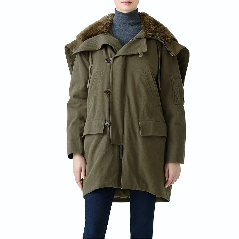 VINCE Revolve Military Style Utility Parka Faux Fur Lined Zippered Hood Womens L